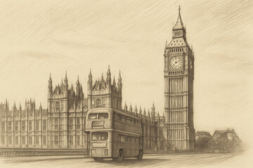 A pencil sketch depicting the Palace of Westminster and Big Ben in London, England, with a classic double-decker bus in