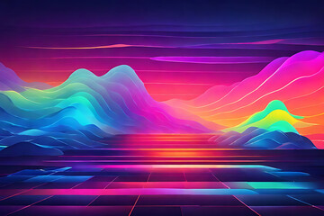 Vibrant neon landscape with colorful hills and glowing horizon