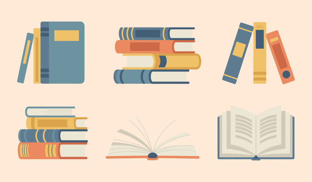 Flat style stack of books and open book collection