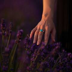 Hand Touching Lavender Blossoms: Serenity in a Purple Field at Sunset