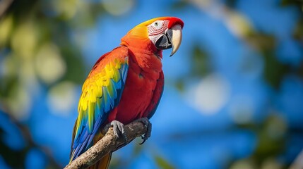 Scarlet macaw parrot perching on branch. Blurred blue sky in background. Beautiful , large and colourful tropical bird. Wildlife photography. Bright and vibrant image with copy space. 
