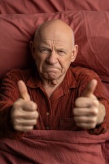Elderly Caucasian man giving thumbs-up while lying in bed, expressing satisfaction.