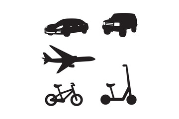 Minimal Transport Silhouettes Car, SUV, Plane, Bike, Scooter Icons