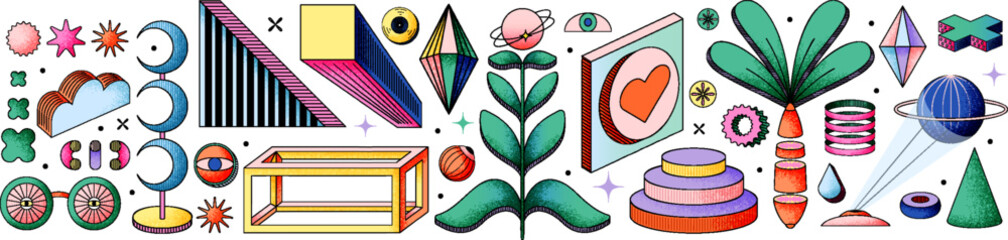 Psychedelic dimensions and art. Modern linear vector illustrations of abstract shapes, 3d objects with contour rectangle, flower, cloud, eye, heart, otherworldly objects, esoteric, abstract, surreal	