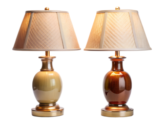 Pair of illuminated table lamps with beige and brown ceramic bases