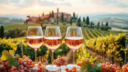 Papier peint photo Toscane Rose Wine Toast: Three elegant glasses of rose wine stand in a scenic vineyard, catching the warm light of the setting sun, as they embody a picture of tranquility and sophistication.  © NORN