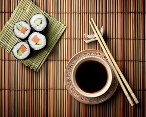 Overhead view of fresh sushi, soy sauce, and chopsticks on bamboo mat