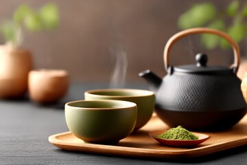 Serene Tea Ceremony: An intimate, close-up shot of a traditional tea ceremony, with two elegant tea cups and a teapot arranged artfully on a wooden tray.