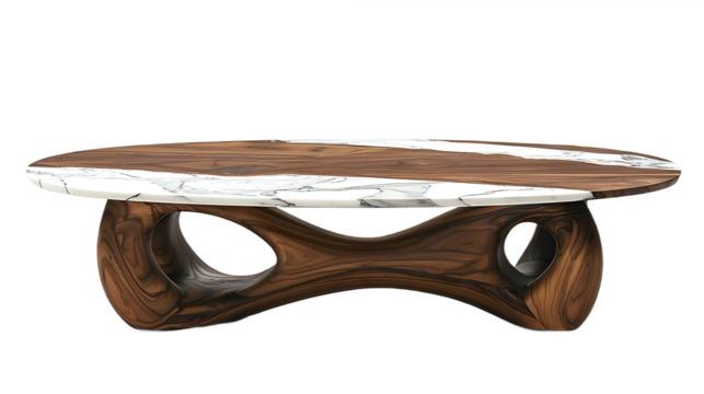 Natural wood frame marble table isolated on transparent background