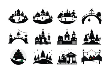 Winter Village Silhouettes Christmas Icons, Black and White Clipart