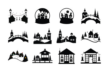 Obraz premium Winter Village Silhouette Icons Black and White Christmas Town Illustrations for Holiday Designs