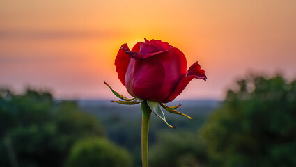 A beautiful red rose blossom with green leaves, a symbol of love and nature's beauty, isolated on white