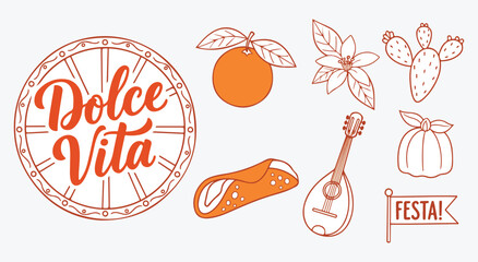 Dolce Vita festa icon set. Sicilian orange, jasmine bloom, prickly pear, cannoli, mandolin, pumpkin gourd and party flag around vintage cart wheel badge © MH HASIB