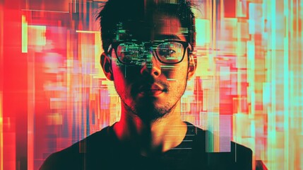 Man with glasses in front of abstract colorful background with digital overlay and dark t shirt