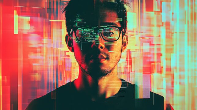 Man with glasses in front of abstract colorful background with digital overlay and dark t shirt