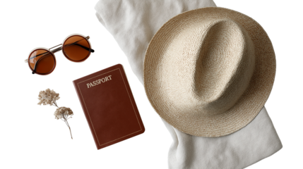 Minimalist travel essentials for summer: passport, straw hat, sunglasses and book, top view, isolated on white, PNG 