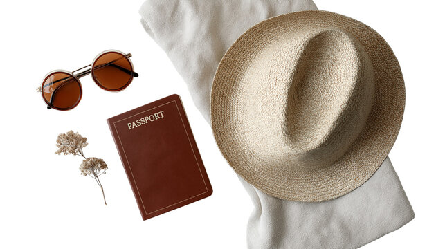 Minimalist travel essentials for summer: passport, straw hat, sunglasses and book, top view, isolated on white, PNG - Powered by Adobe