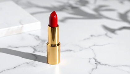 Lipstick on Marble Surface with Shadows Elegant Beauty Cosmetic Minimalist Style