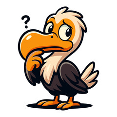 Cartoon dodo bird contemplates with question mark overhead. © Eriek