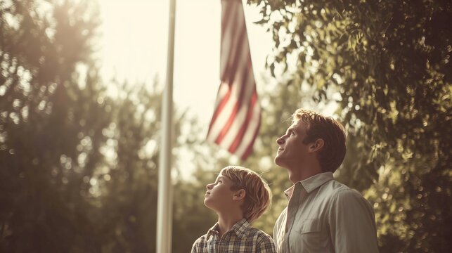 Father and Son Honoring American Flag Together in a Peaceful Summer Park Scene