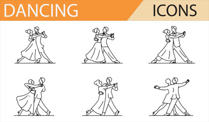 Collection of Dance Icons: Couple Dancing in Ballroom, Tango, and Other Styles