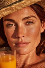 Portrait of a young Caucasian woman relaxing with a glass of orange juice.