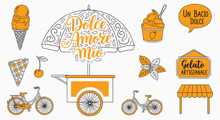 Dolce Amore Mio gelato cart pack. Decorative umbrella trolley, cones, scoops, bicycles, cherry slice, basil leaves and speech bubbles in sunny saffron outline © MH HASIB