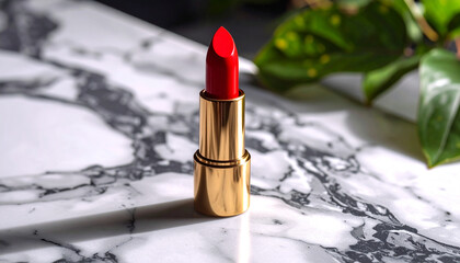 Lipstick on Marble Surface with Shadows Elegant Beauty Cosmetic Minimalist Style
