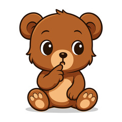 Adorable cartoon bear sits with finger to his mouth.