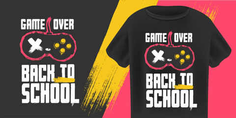 Game Over Back to School T-Shirt Design Vector Stylized Pink and White Gaming Controller with Grunge Texture on Black Background, Ideal for Students and Youth