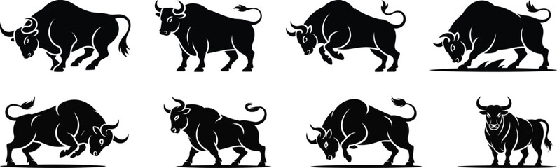 Set of bull silhouette vector illustrations in strong charging and standing poses for logo or symbol concepts