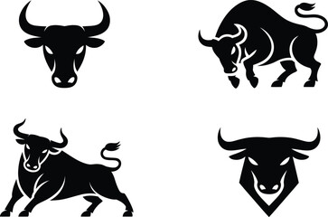 Set of bull silhouette vector illustrations in strong charging and standing poses for logo or symbol concepts