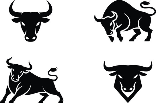Set of bull silhouette vector illustrations in strong charging and standing poses for logo or symbol concepts