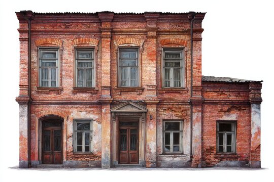 Old brick building from the 18th century, with worn red brick, historical architecture, ornate windows and aged walls