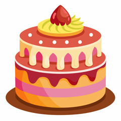 A delicious two layered strawberry cake with pink and orange icing isolated on white background