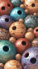 Colorful abstract spheres with textured surfaces and holes in varying sizes.