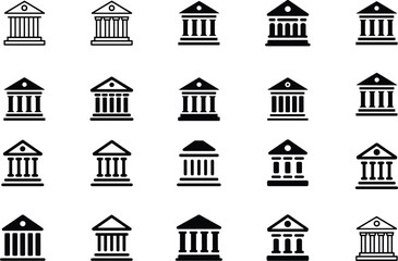 Black and White Classical Building Icons Set Various Styles Simple Architectural Glyphs