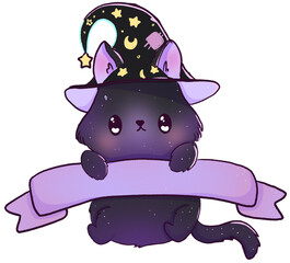 Gato mágico con letrero y sombrero sin fondo