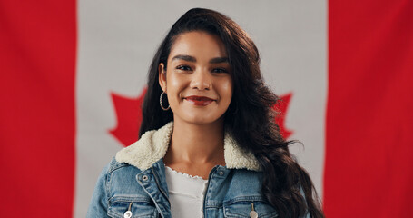 Canadian, happy and portrait of woman with flag for national history, heritage and citizenship....