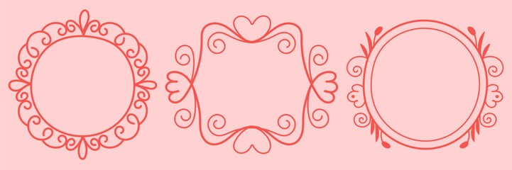 Set of decorative round and heart swirl frames. Cute hand drawn elements for romantic, kids, or craft design.