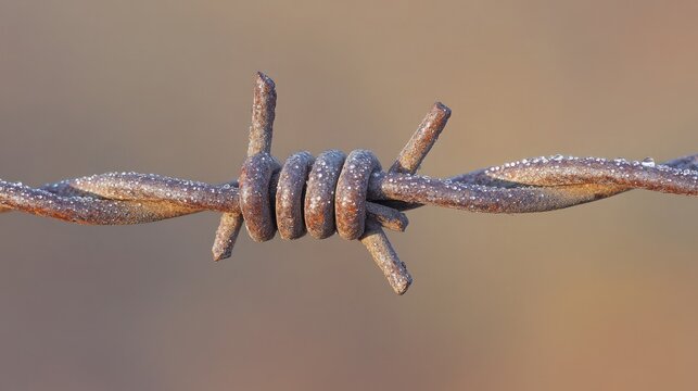 Macro of barbed wire segment with dew drops on each barb in soft focus
