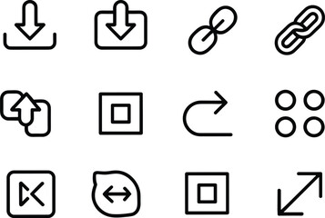 Black Line Icons Set Download Upload Link Arrows Square Circle Buttons Interface Symbols