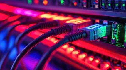 Network patch cables and LAN wires neatly aligned on a server rack shelf