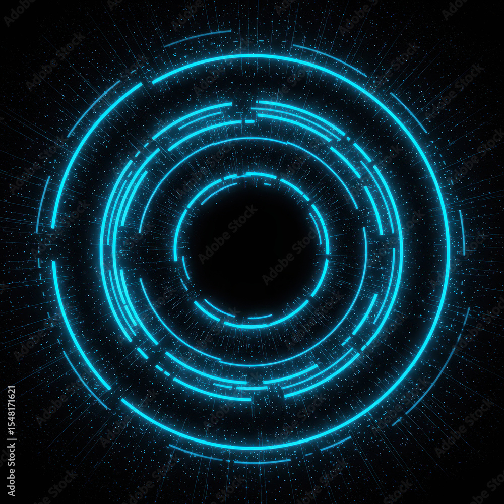 Poster futuristic abstract design of glowing blue neon circles creating an energetic digital technology bac