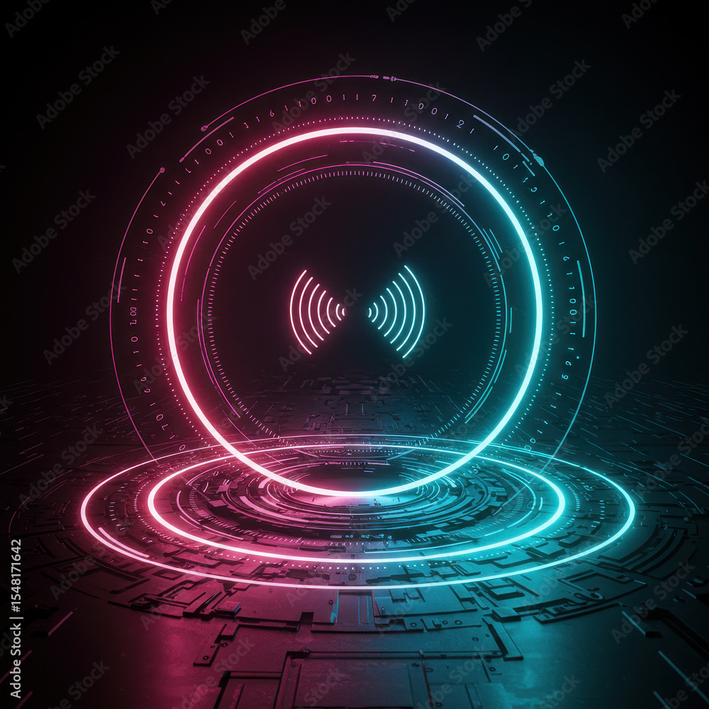 Poster futuristic digital background showing powerful glowing neon portal. circular energy platform and abs