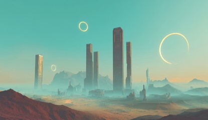 A futuristic cityscape on an alien planet, with skyscrapers and buildings made of holographic materials, surrounded by floating ring-shaped moons in the sky