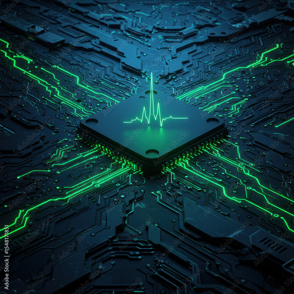 Aufkleber high tech electronic circuit with futuristic glowing processor showing digital pulse. powerful conce