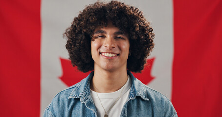 Man, portrait and Canada flag with pride, confidence and country or nationality for citizenship....