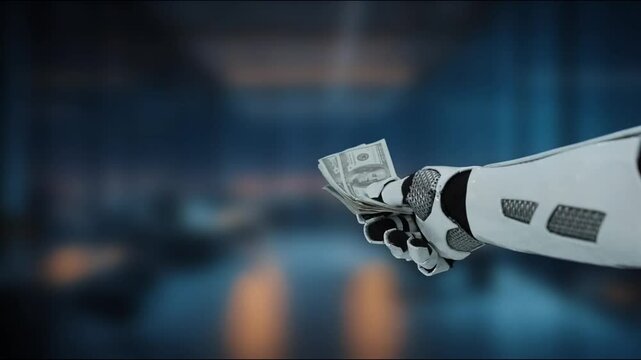A robotic hand holds cash in a high-tech office setting, symbolizing the intersection of technology and finance with themes of automation and innovation. MZL