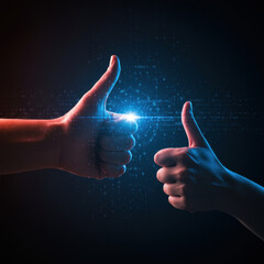 Human hand gesture showing thumbs up for success and approval. blue and red light effect on an abstract digital background with glowing finger touch interaction concept